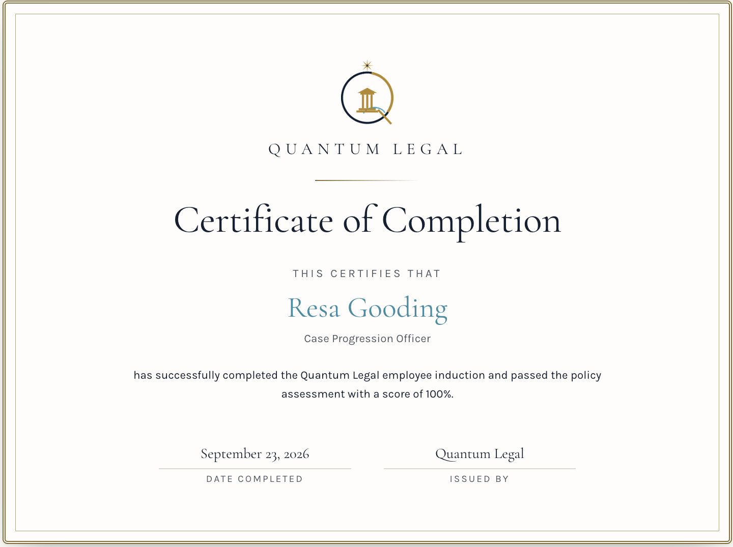 Employee induction certificate showing completion of onboarding and a passed policy assessment