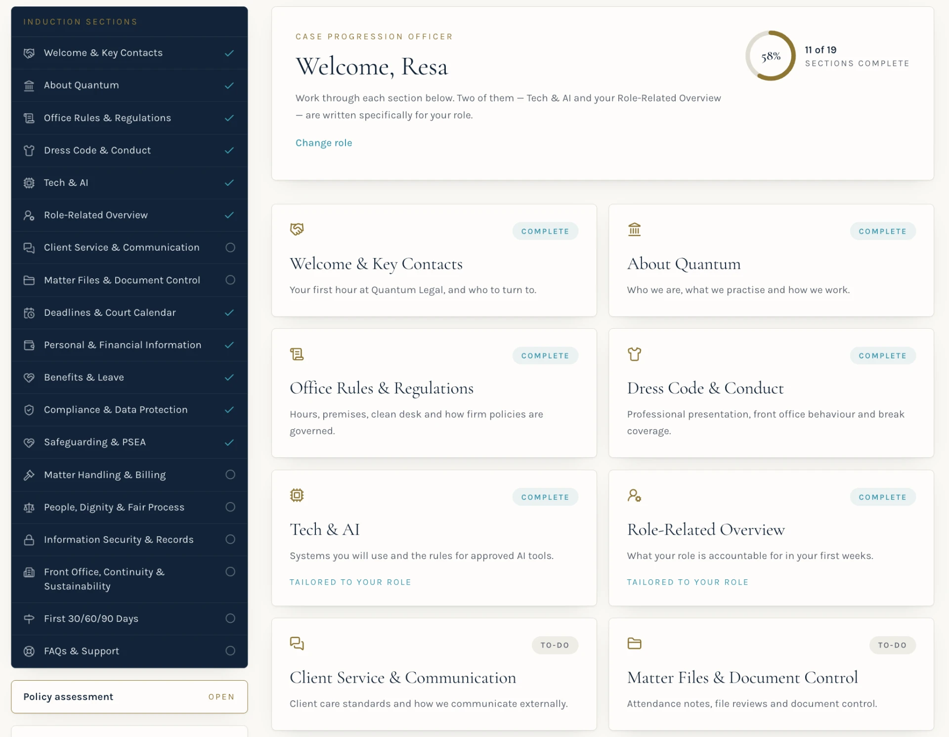 Role-based employee induction dashboard showing modules, progress and policy assessment status