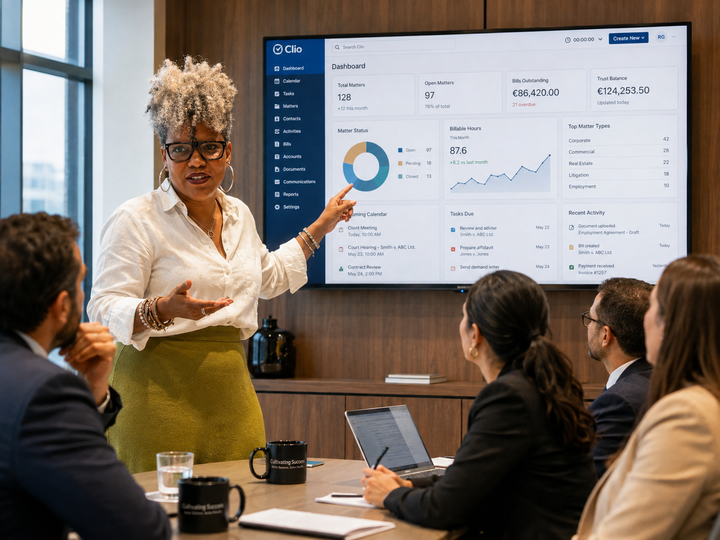 Resa Gooding presenting a legal operations dashboard to a law firm team